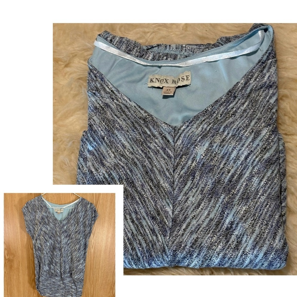 Knox Rose Blue Soft Knit V-Neck with Scrunched Waist and Slit-Cap Sleeve Top